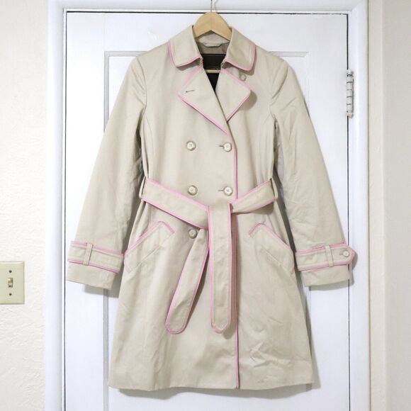 Vintage Coach Double Breasted Khaki Pink Trim Trench Coat Size XS Monogram Liner - Picture 1 of 13